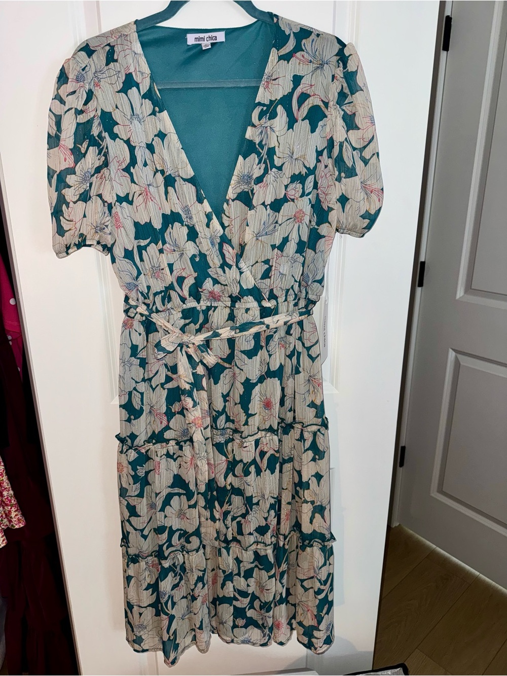 Mimi Chica Teal and Cream Floral Wrap Midi Dress
